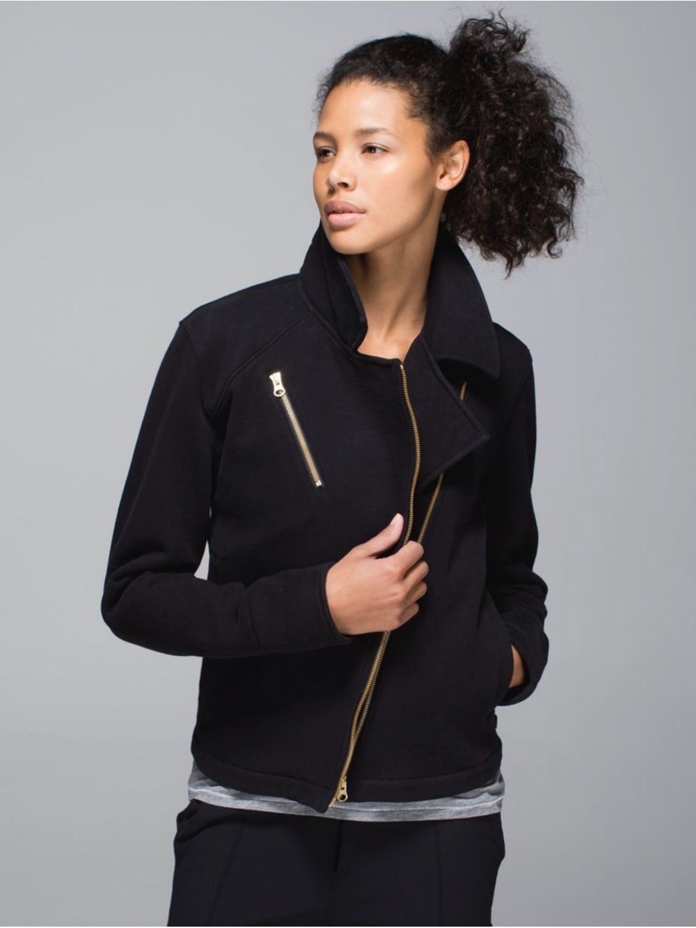 Lululemon Lab Shadow Black Moto Jacket Gold Zip Womens Size 8 Minimalist